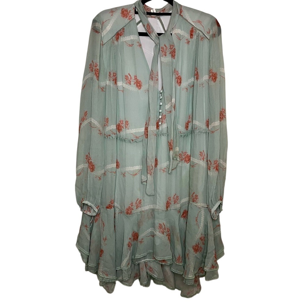 Jonathan Simkhai Seafoam Floral Irena Rose 100% Silk Dress Tiered Ruffles Sz M - Picture 3 of 13